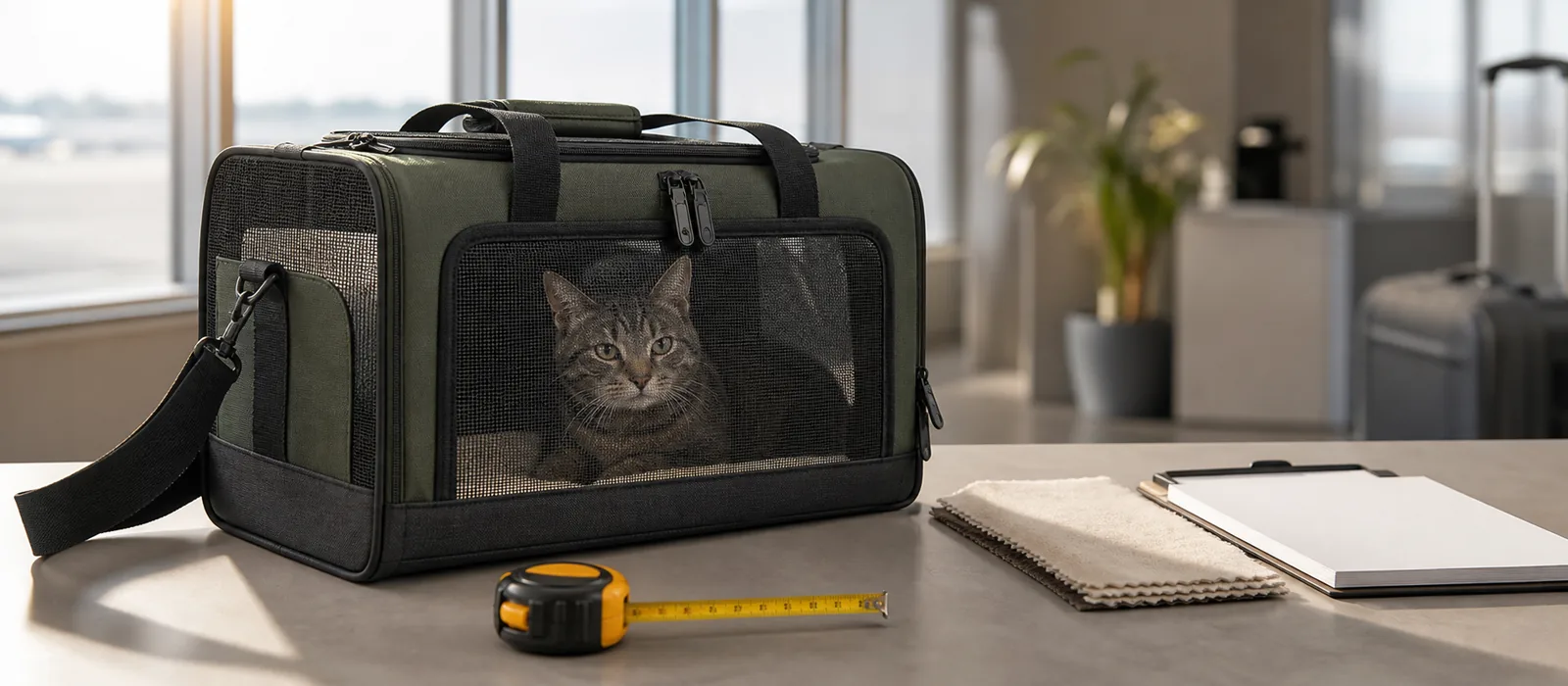 Soft-sided airline pet carrier sample with a cat, mesh ventilation and measuring tape for OEM specification review