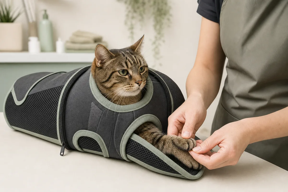 Calm tabby cat safely supported in a breathable grooming bag
