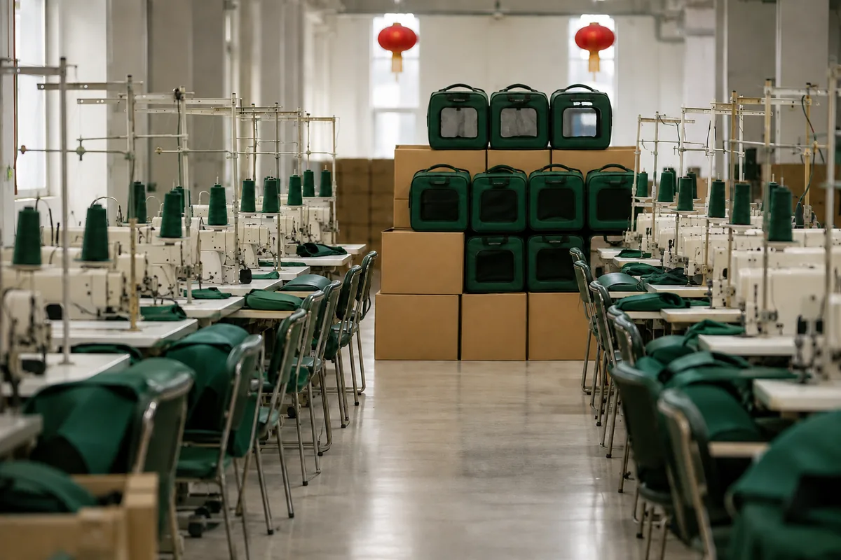 Empty factory sewing floor before the Chinese New Year shutdown, with idle sewing machines and finished green pet carriers stacked on export cartons