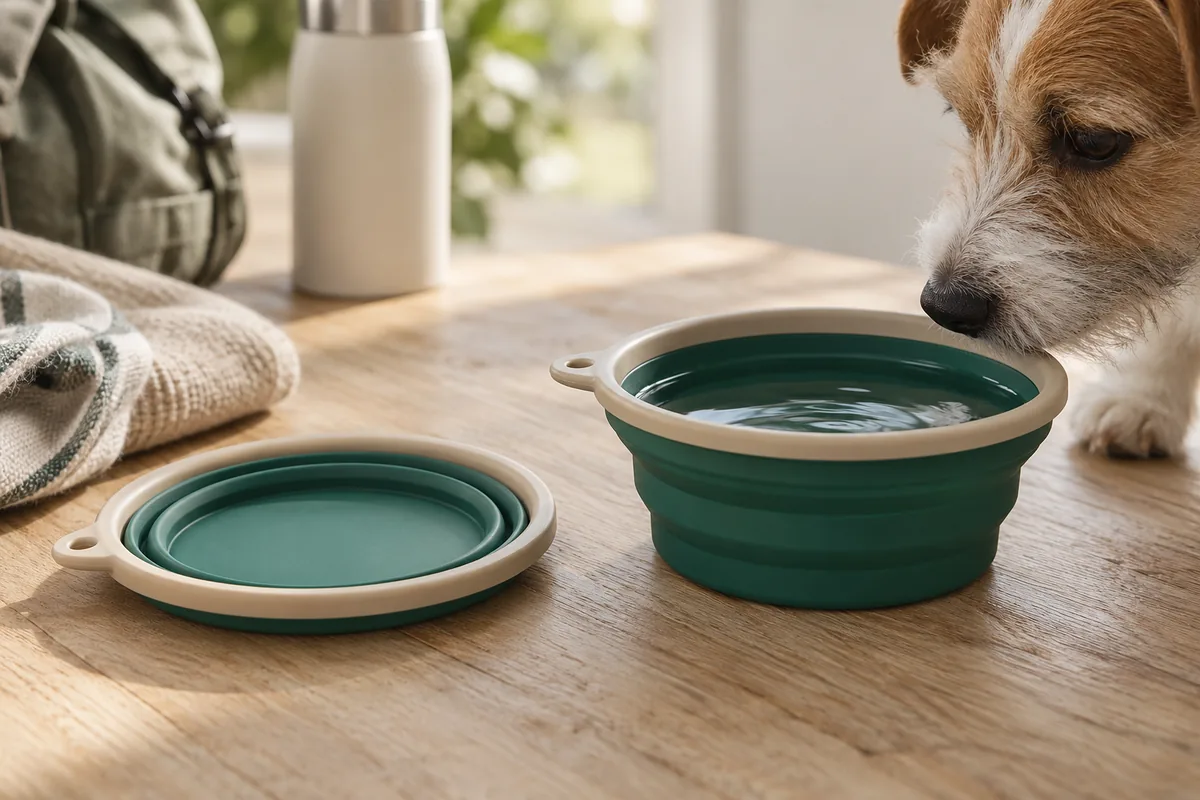 Collapsible silicone dog travel bowl folded flat next to its open form