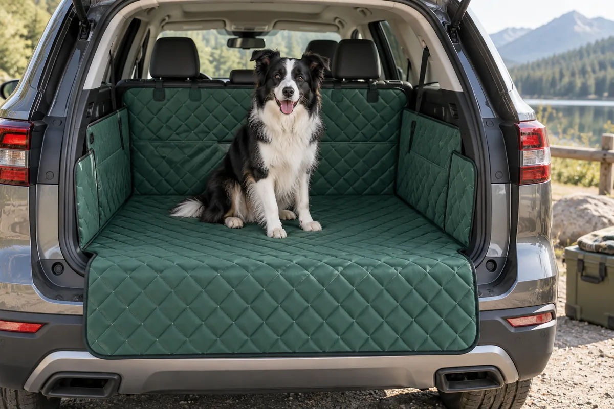 Waterproof dog cargo liner covering an SUV trunk with a bumper protection flap
