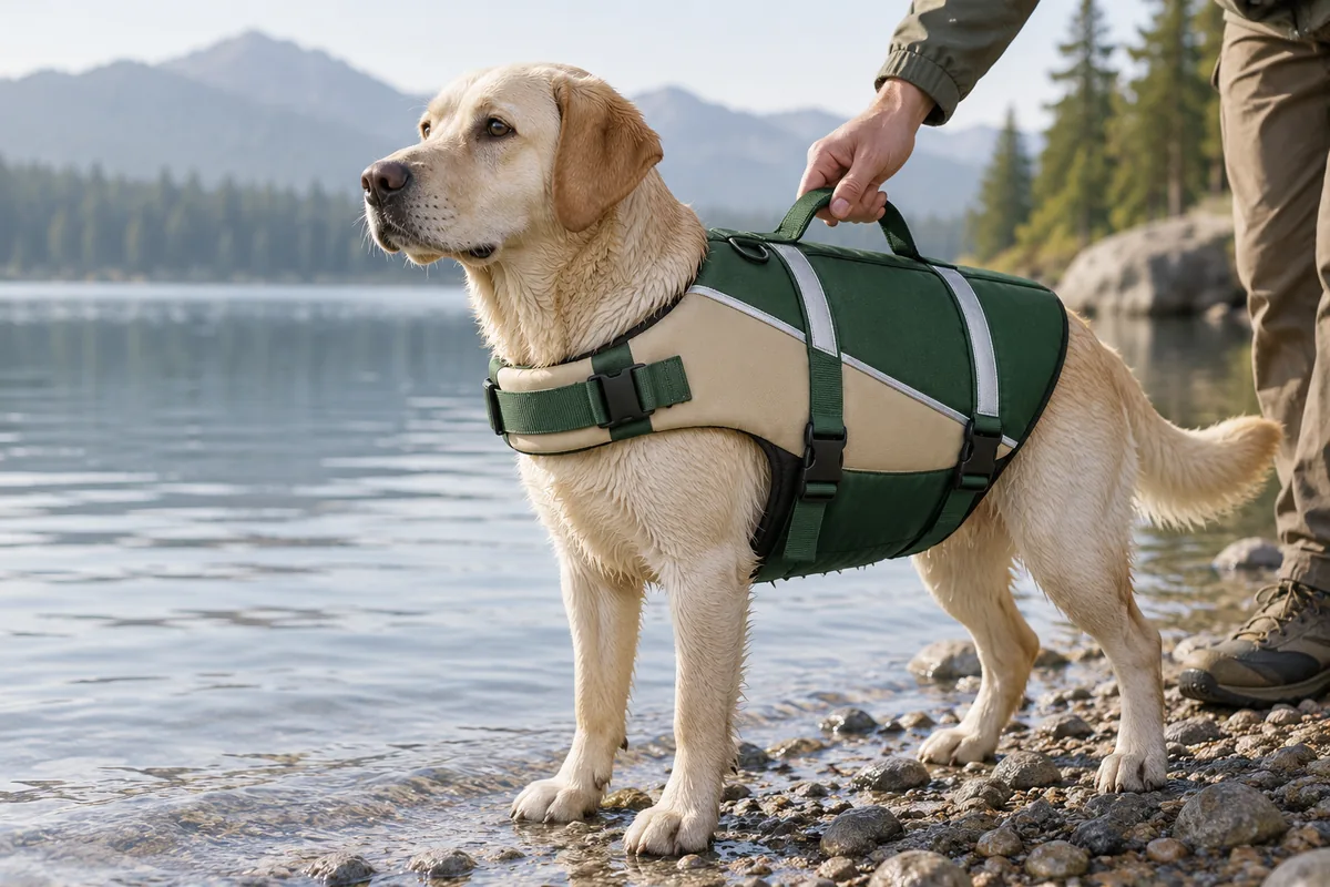 Dog wearing a high-visibility life jacket with a top rescue grab handle at the water