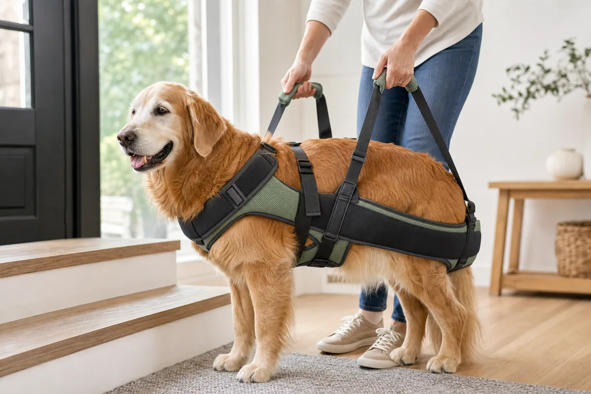 Senior golden retriever supported by a padded dog lift harness