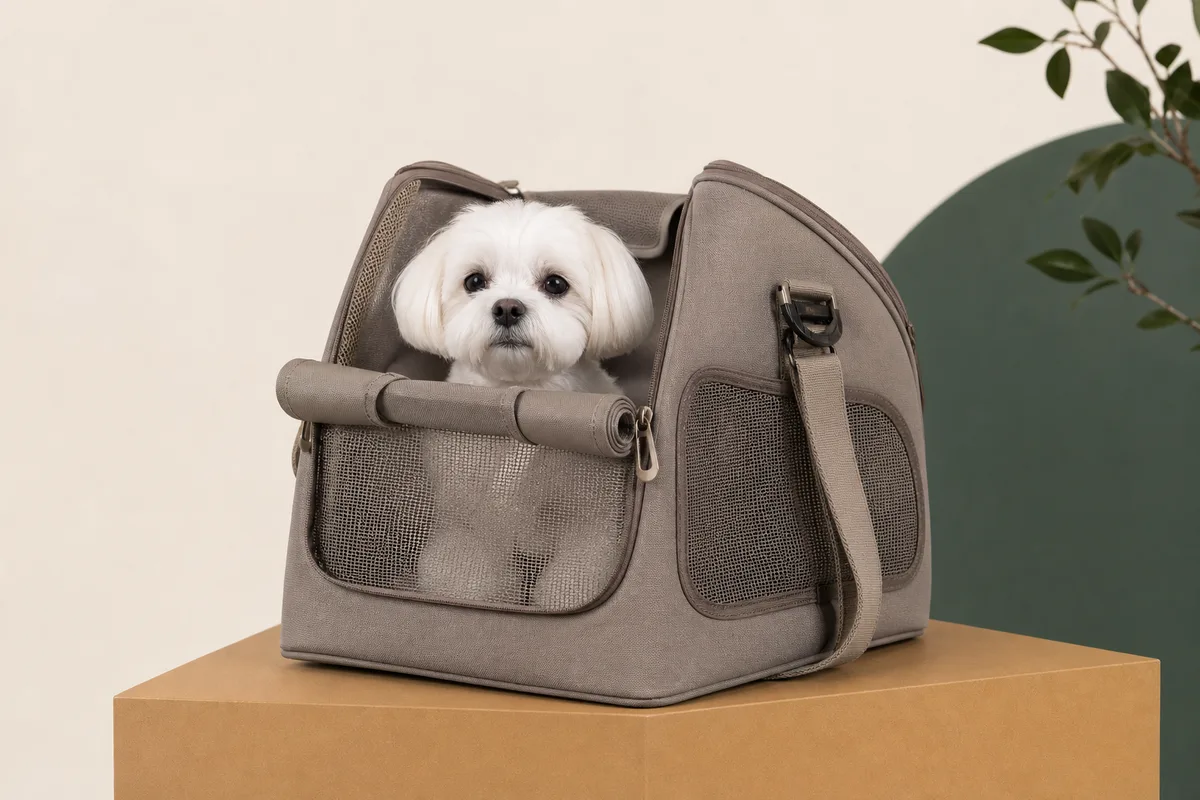 Small white dog in a ventilated fashion purse carrier