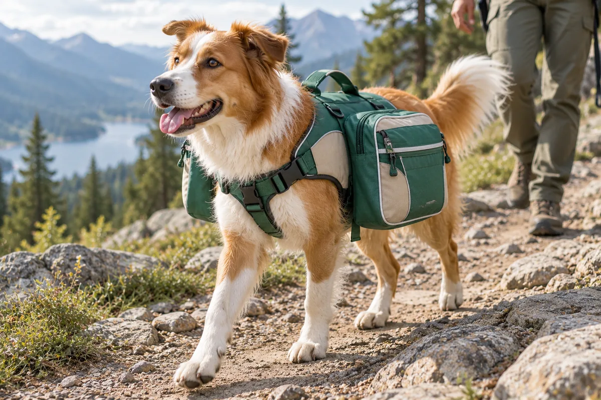 Perro con una mochila de alforja equilibrada con paneles laterales en una ruta de senderismo