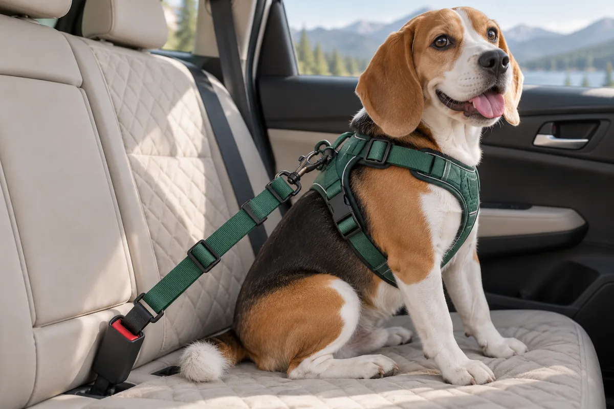 Dog seat belt tether clipped from a car seatbelt buckle to a dog harness