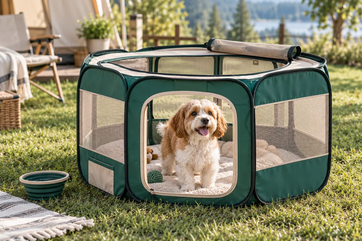 Corralito plegable pop-up para mascotas con paredes de malla transpirable montado en exterior