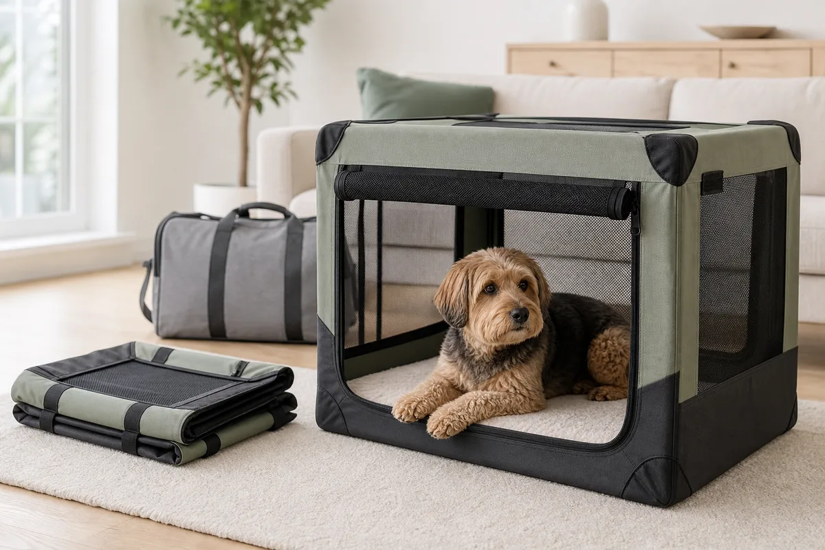 Soft folding pet crate shown assembled and packed flat