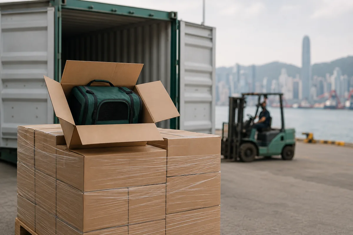 Stretch-wrapped pallet of export cartons on a quay, the top carton open to show a green soft-sided pet carrier, with an open shipping container behind
