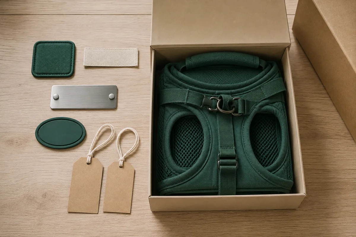 Flat lay of blank branding components - embroidered patch, woven label, metal plate, rubber patch and kraft hang tags - beside an open gift box holding a green dog harness