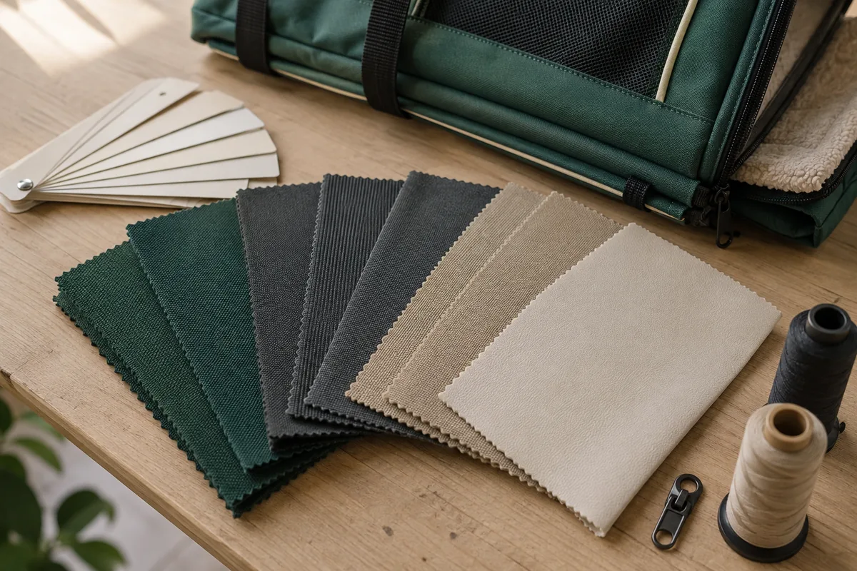 Fan of pet carrier fabric swatches in green, charcoal and beige with a leather-look sample, beside a green soft-sided carrier, thread cones and a zipper pull