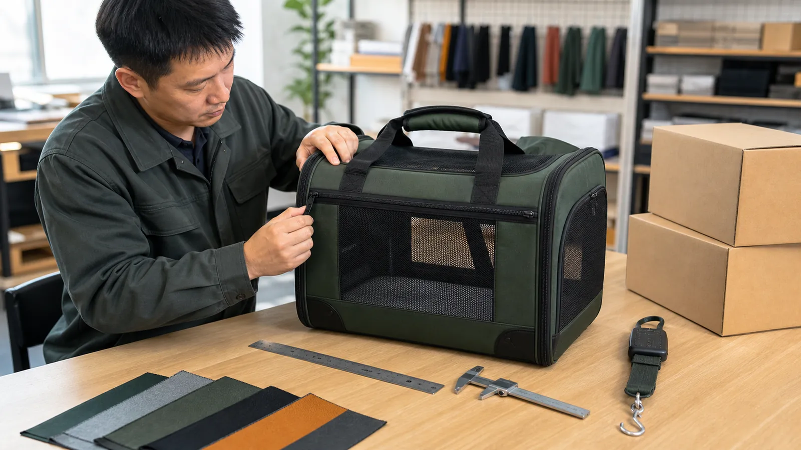 Quality inspector checking the zipper and seams of a green soft-sided pet carrier