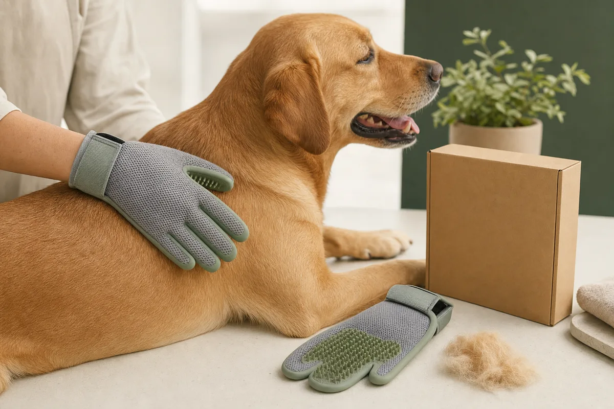 Pet deshedding glove brushing a relaxed golden dog