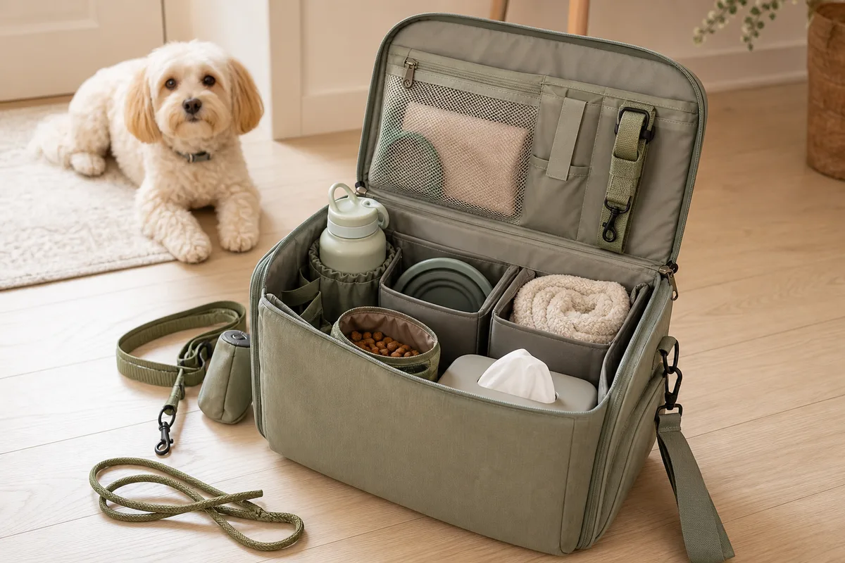 Organized pet diaper bag with travel bowls leash and supplies