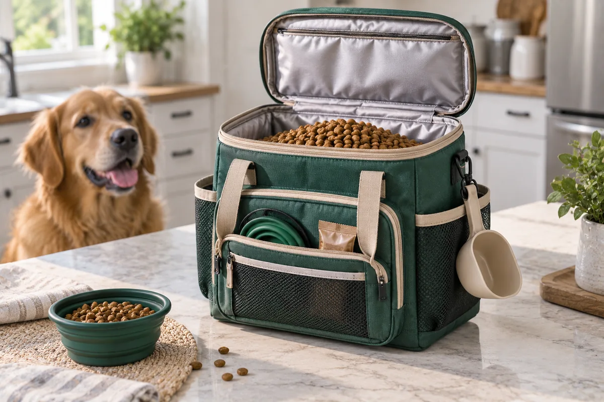 Pet food travel bag with an airtight liner and portion pockets for kibble on the road