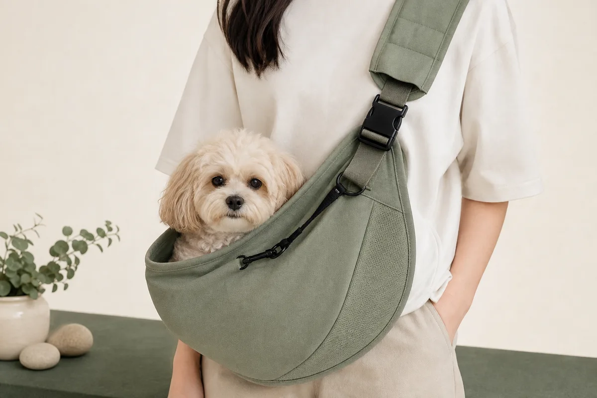 Small dog riding safely in a breathable sage pet sling carrier