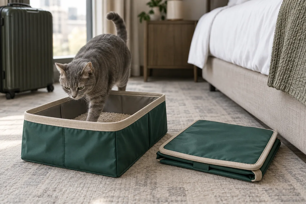 Foldable portable cat litter box open for travel and collapsed flat for storage