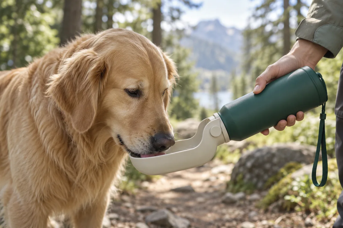 Portable dog water bottle with a built-in drinking trough for travel and hiking