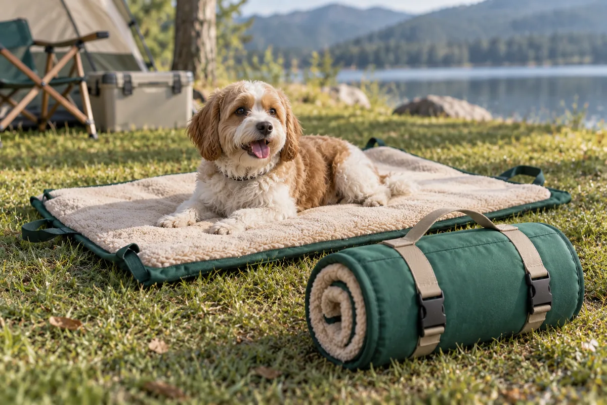 Cama de viaje portátil enrollable para mascotas enrollada con correa y extendida plana
