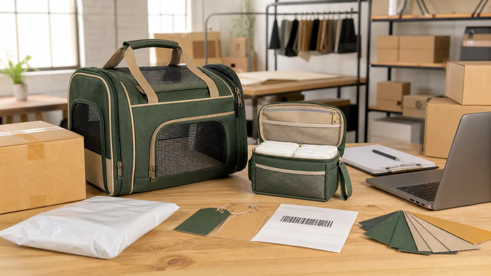 Private label pet bag Amazon FBA launch scene with pet travel bag, organizer, shipping cartons and packaging materials