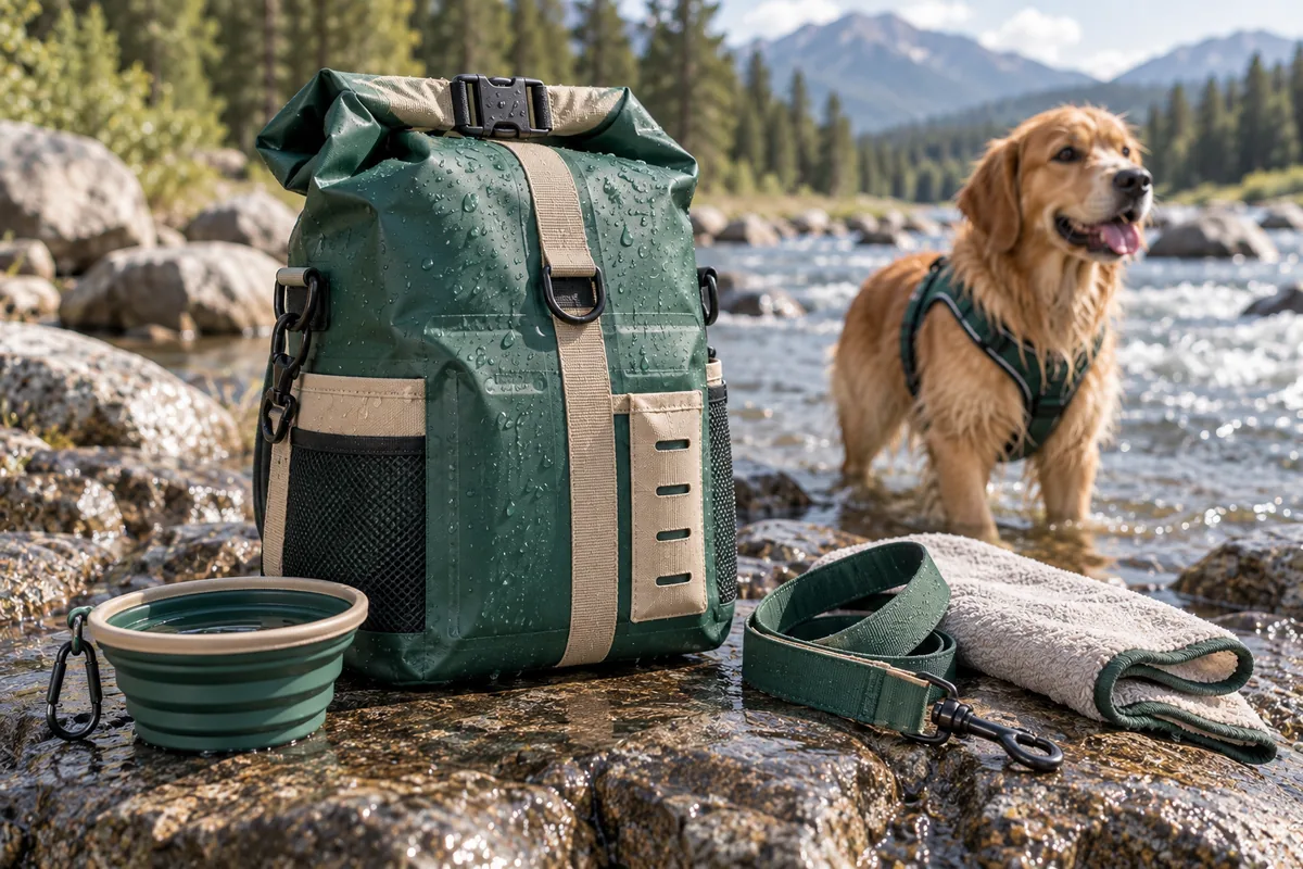 Roll-top waterproof dog gear bag with welded seams beside outdoor pet equipment