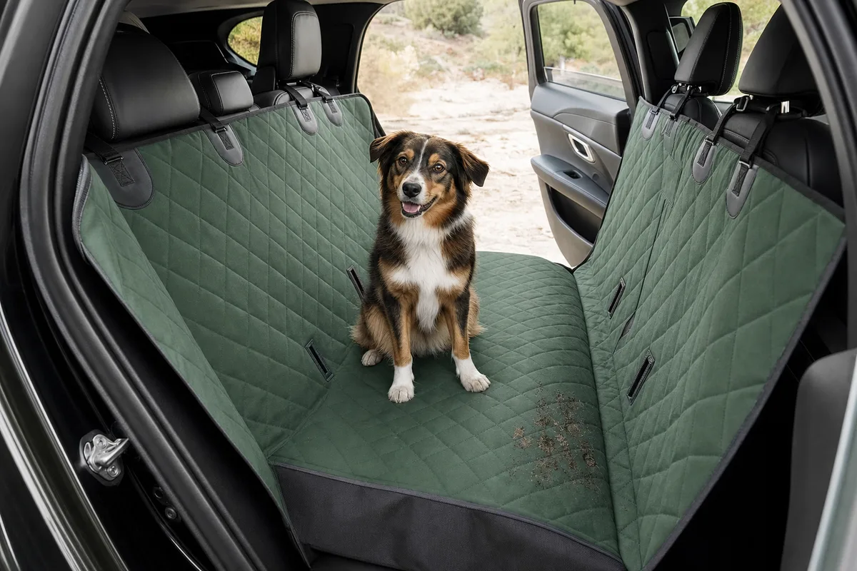 Dog sitting on a waterproof hammock-style car seat cover