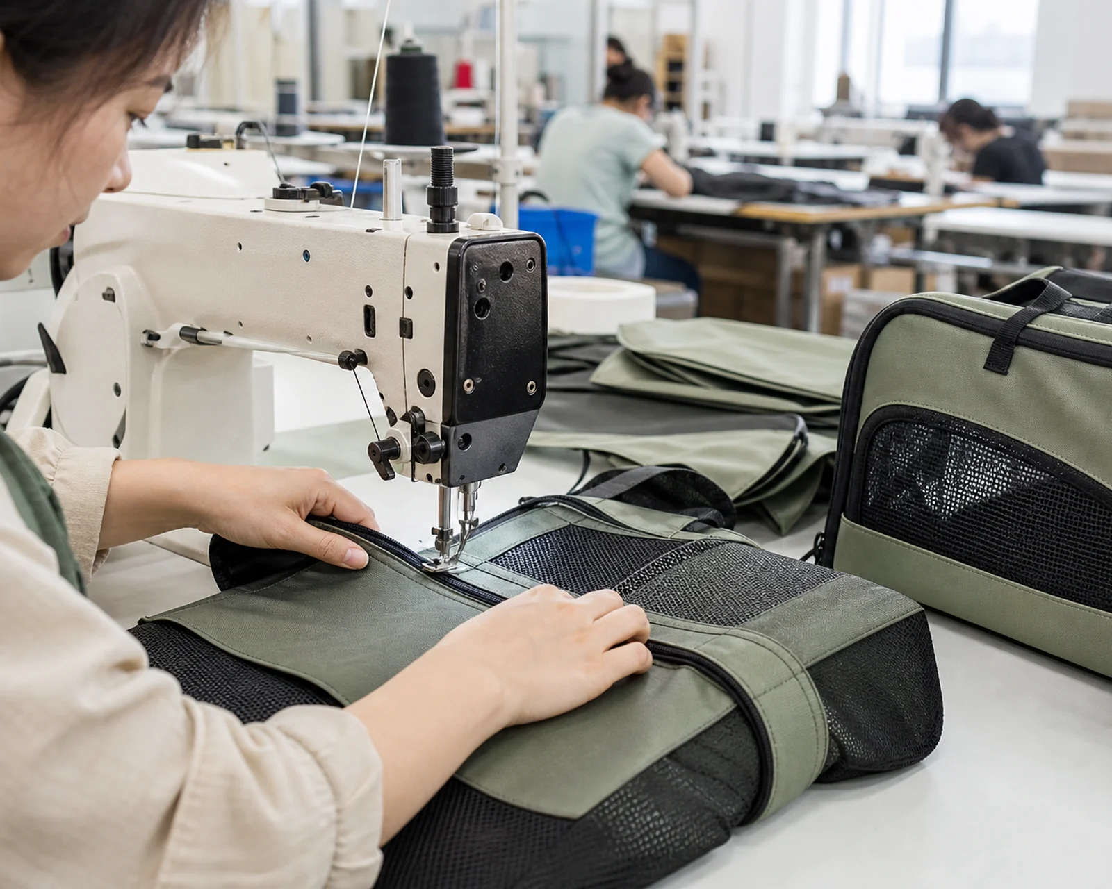OEM pet bag sewing detail in Eland Bag factory