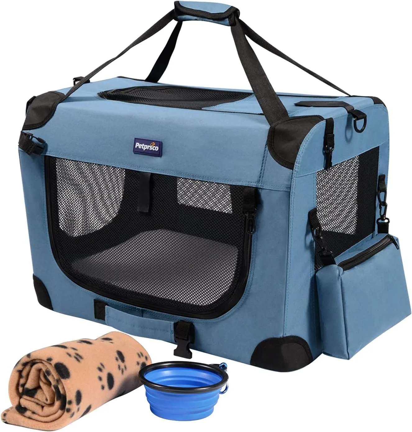 Soft-sided folding dog crate with mesh ventilation panels