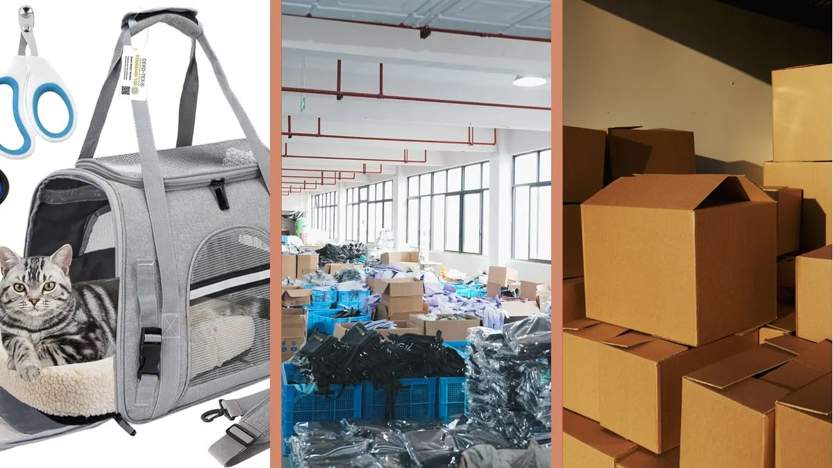 Preparación de lanzamiento en Amazon FBA de bolso para mascotas con producto transportín y empaque de exportación