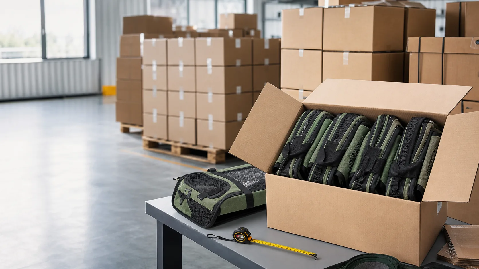 Bulk pet bag shipping preparation with packing area and cartons